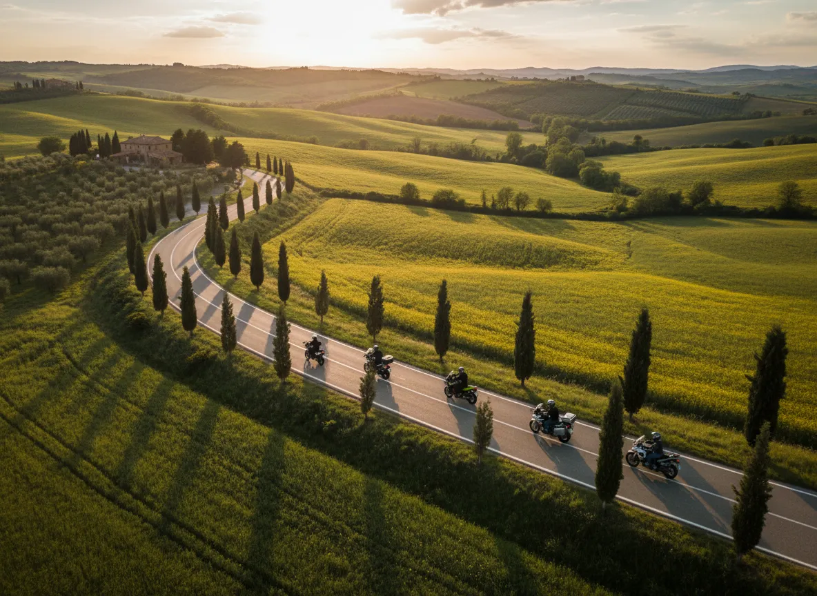 Ride & Joy — Corsi di guida sicura in moto a Grosseto, Maremma e Toscana Gruppo di motociclisti su strada panoramica in Maremma toscana — corsi di guida sicura in moto a Grosseto