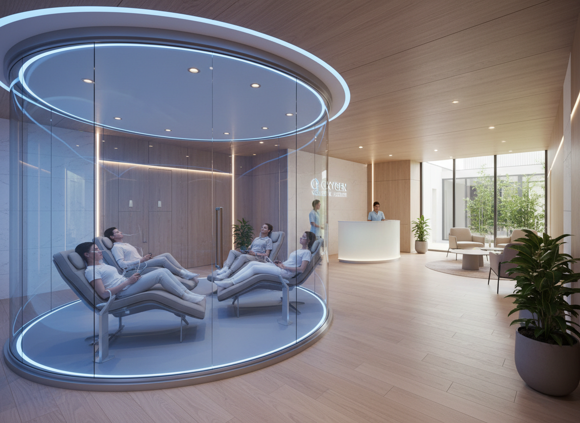 Modern normobaric oxygen therapy chamber at Oxygen Clinic UK showing comfortable seating and spacious environment