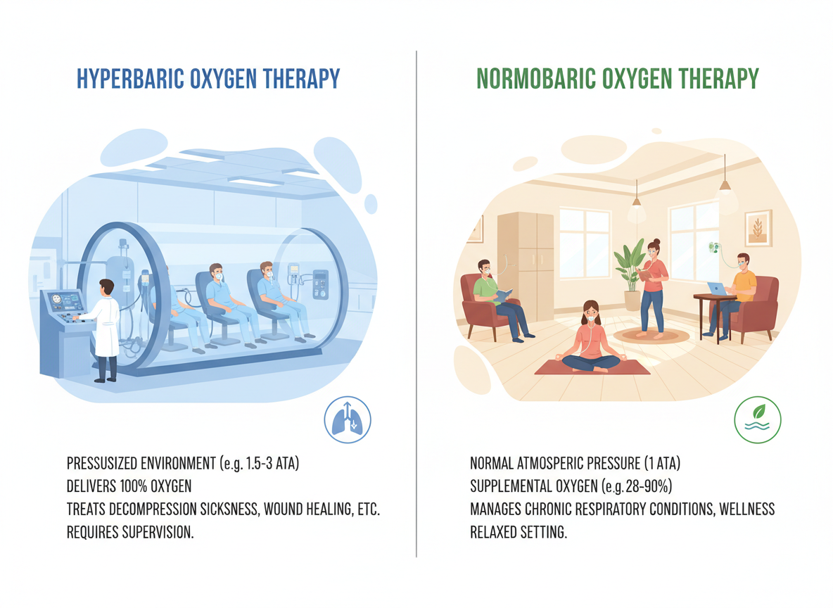 Comparison of hyperbaric chamber versus normobaric oxygen therapy room showing the difference in comfort and accessibility