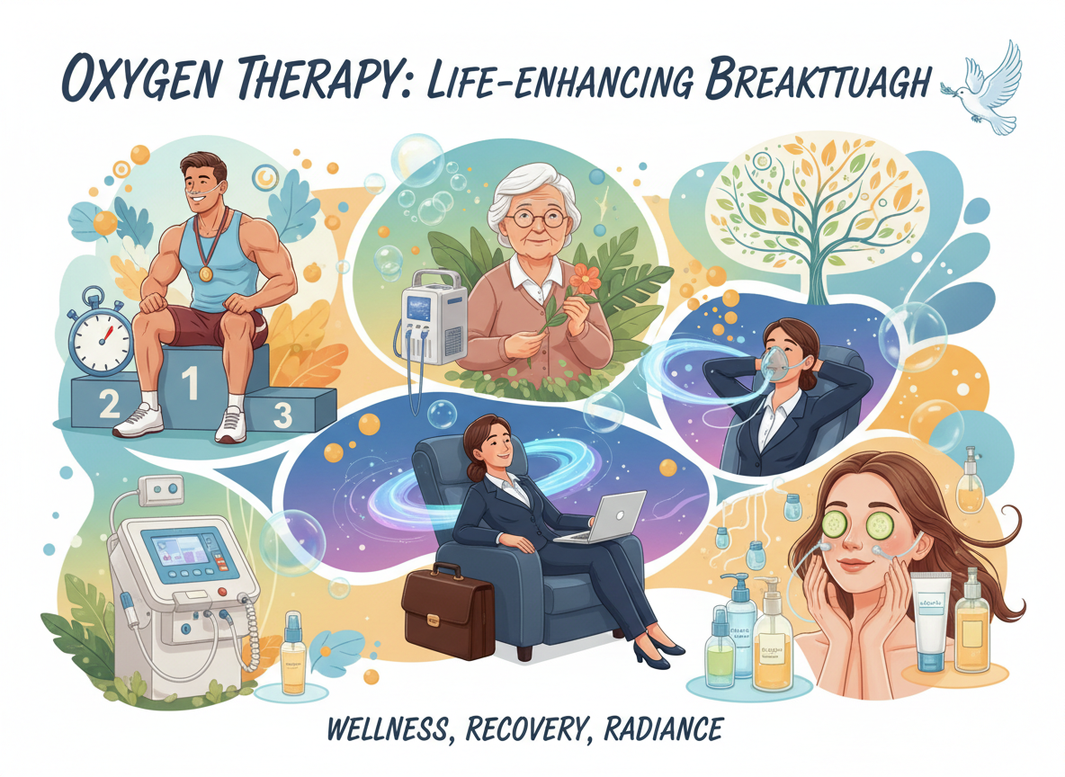 Diverse group of people benefiting from oxygen therapy including athletes, elderly, professionals, and wellness seekers