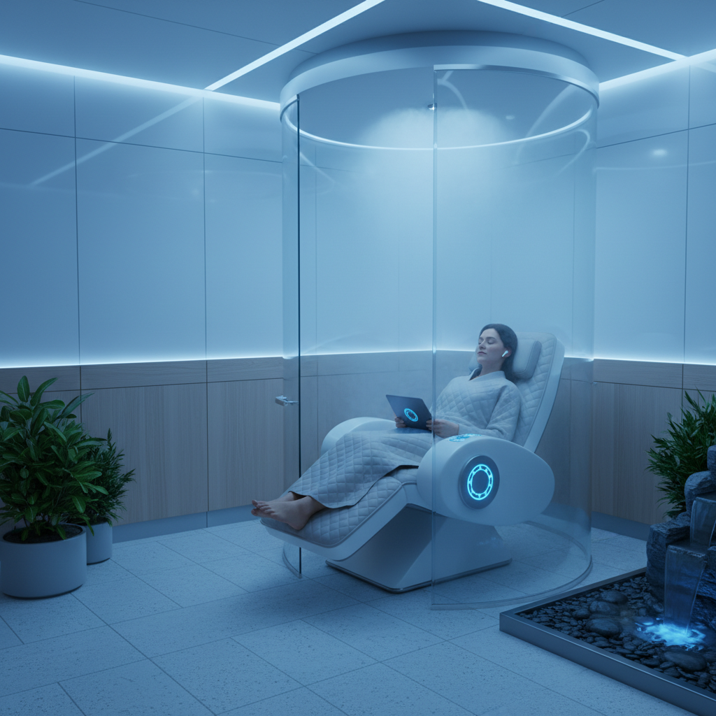 Person relaxing comfortably in oxygen therapy room with tablet and serene blue lighting