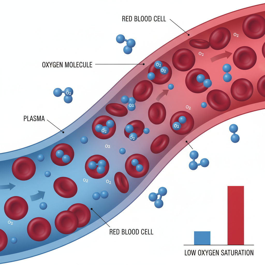 Scientific illustration of oxygen molecules and red blood cells showing oxygen saturation in the bloodstream