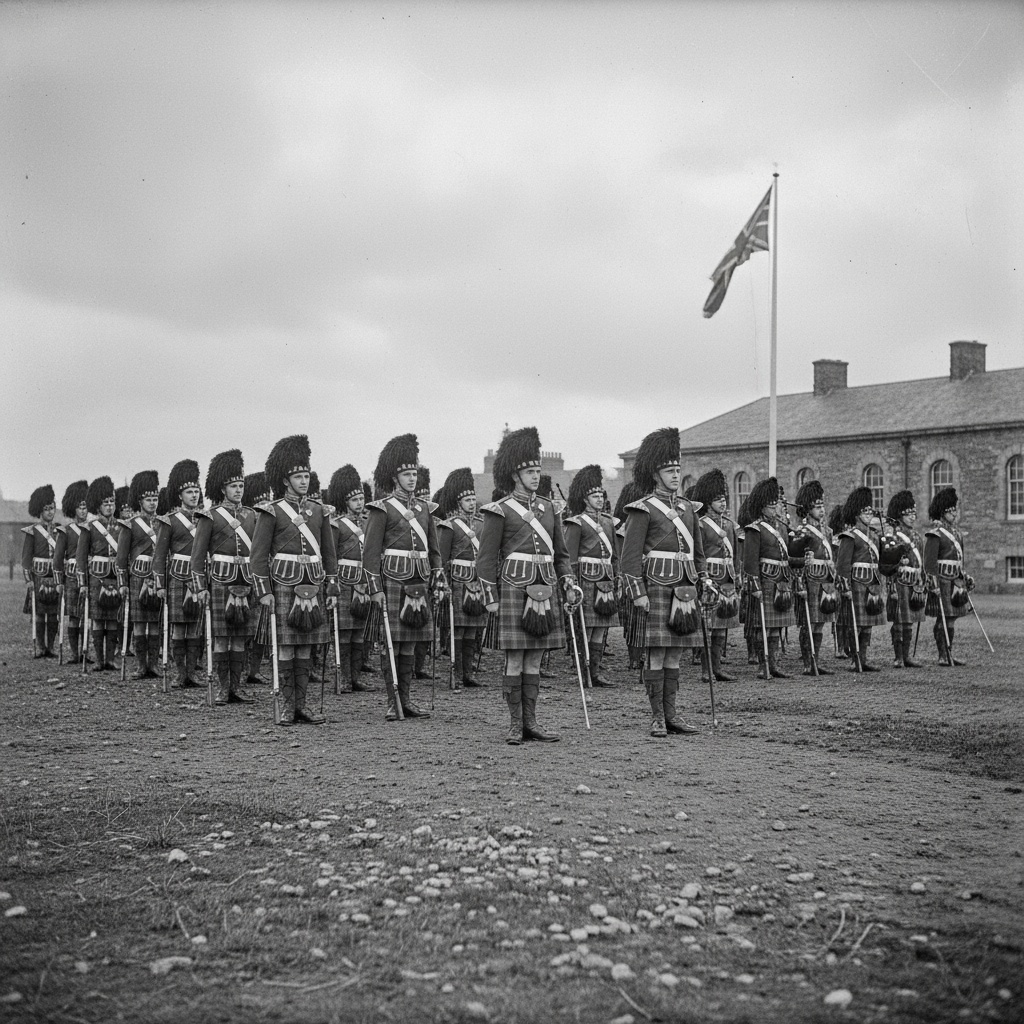Scottish Highland regiment soldiers wearing traditional regimental tartans
