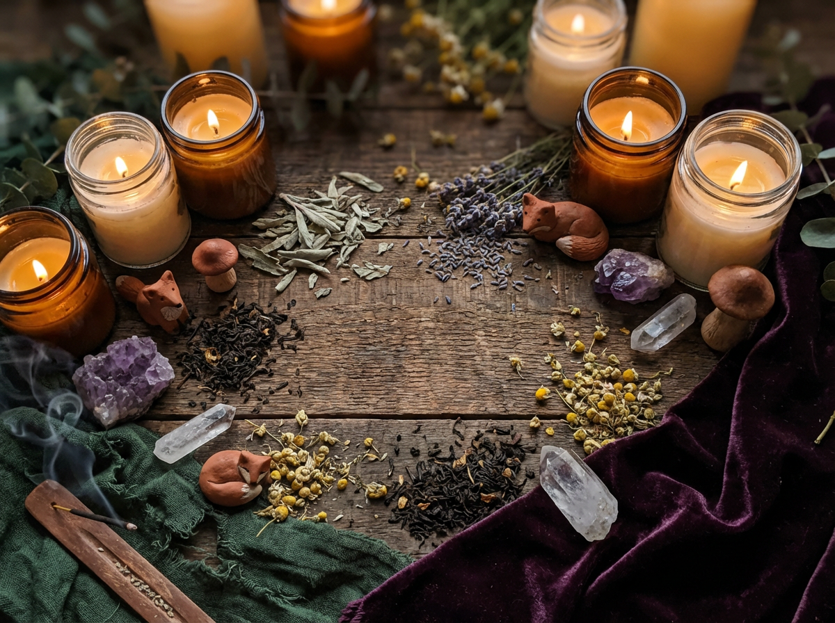 Handcrafted teas, crystals, and herbs on a rustic table