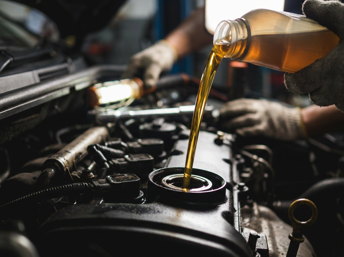 Engine oil being poured during a service - Elite Motorworks