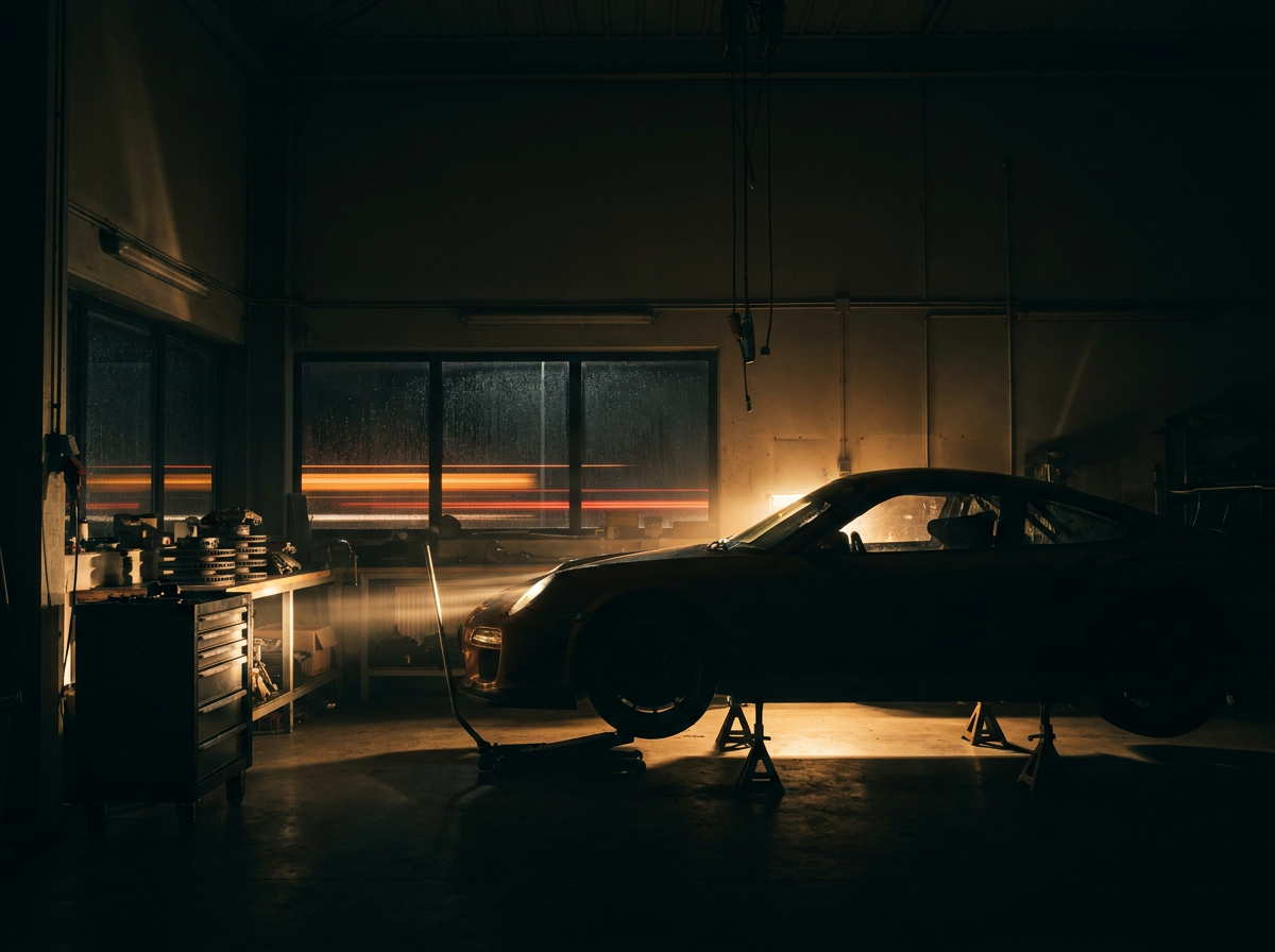 Motorsport-inspired workshop scene with race car silhouette on stands