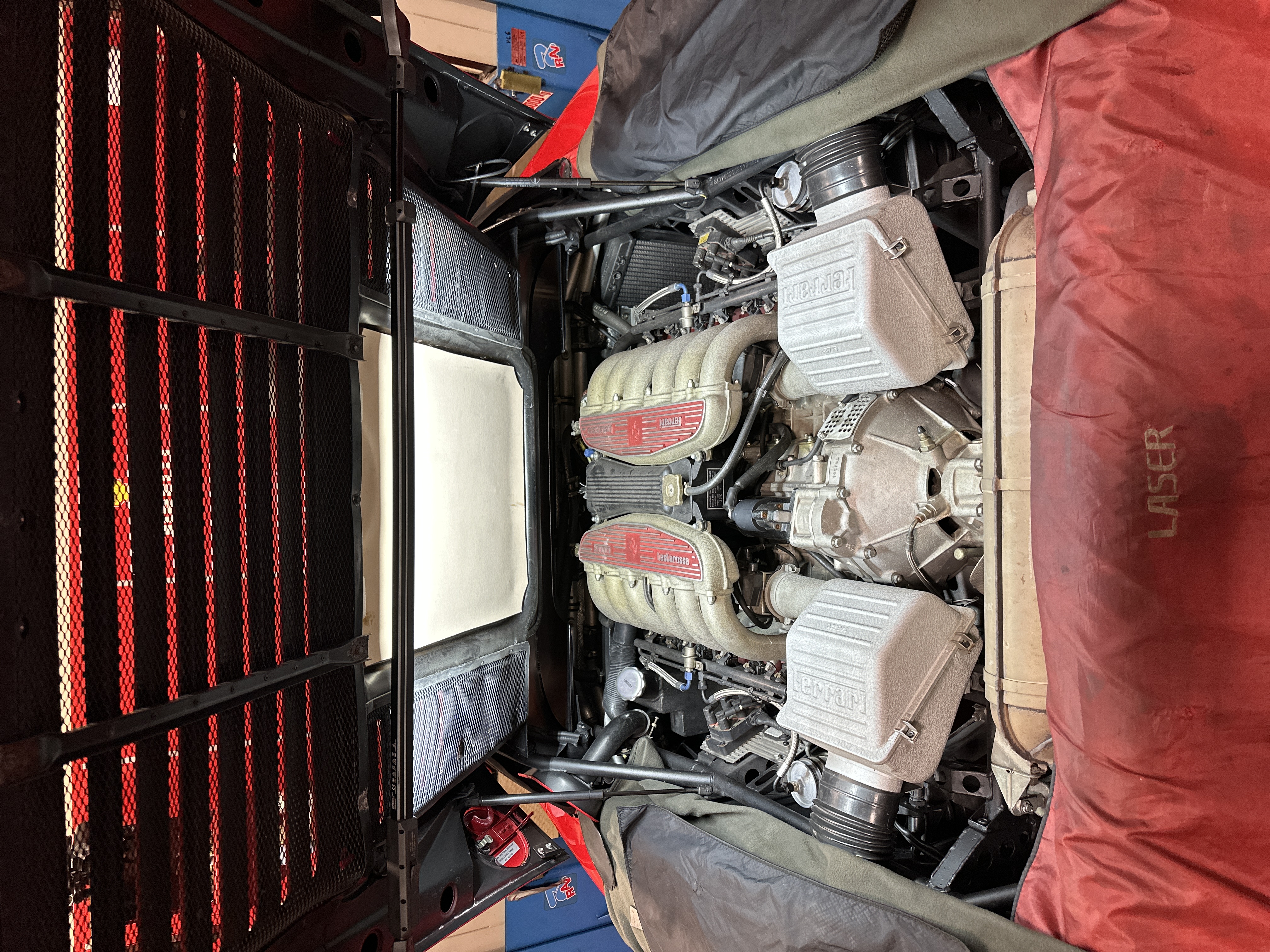 Ferrari 512 TR flat-12 engine on stand - Bob Houghton Ltd workshop