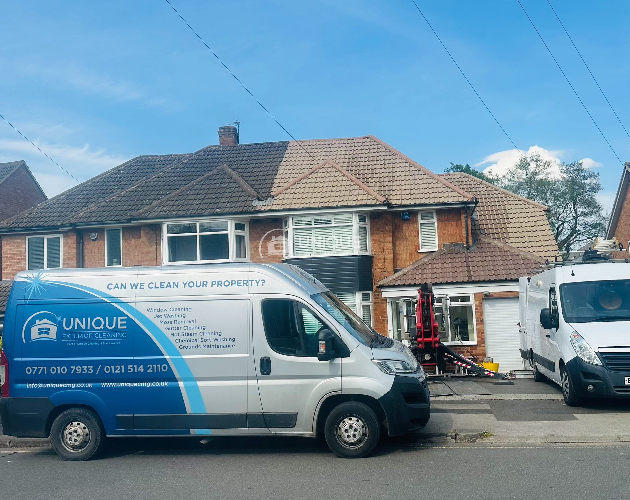 Unique Exterior Cleaning branded van with cherry picker trailer in Solihull