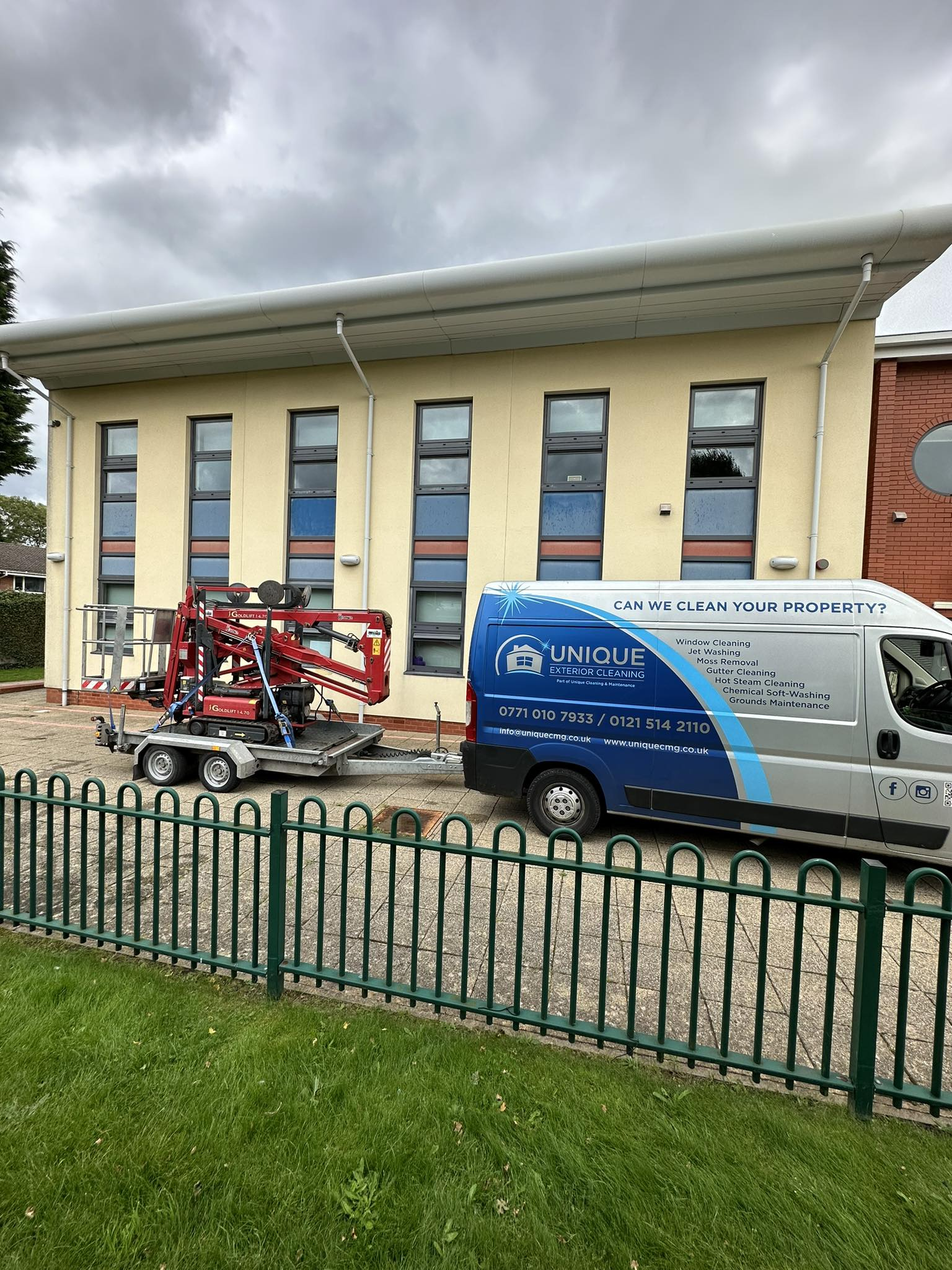 Commercial window cleaning using cherry picker in West Midlands