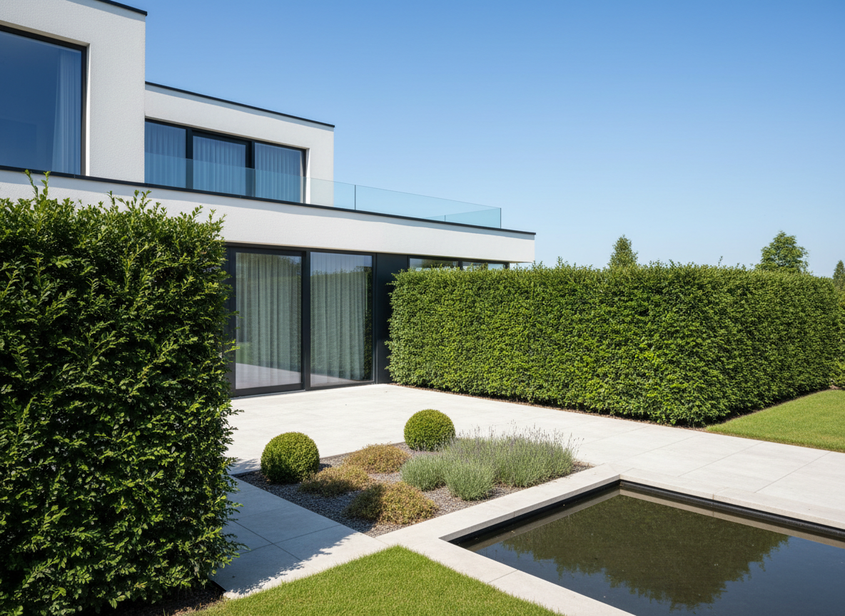 Kant-en-klare taxushaag bij moderne villa
