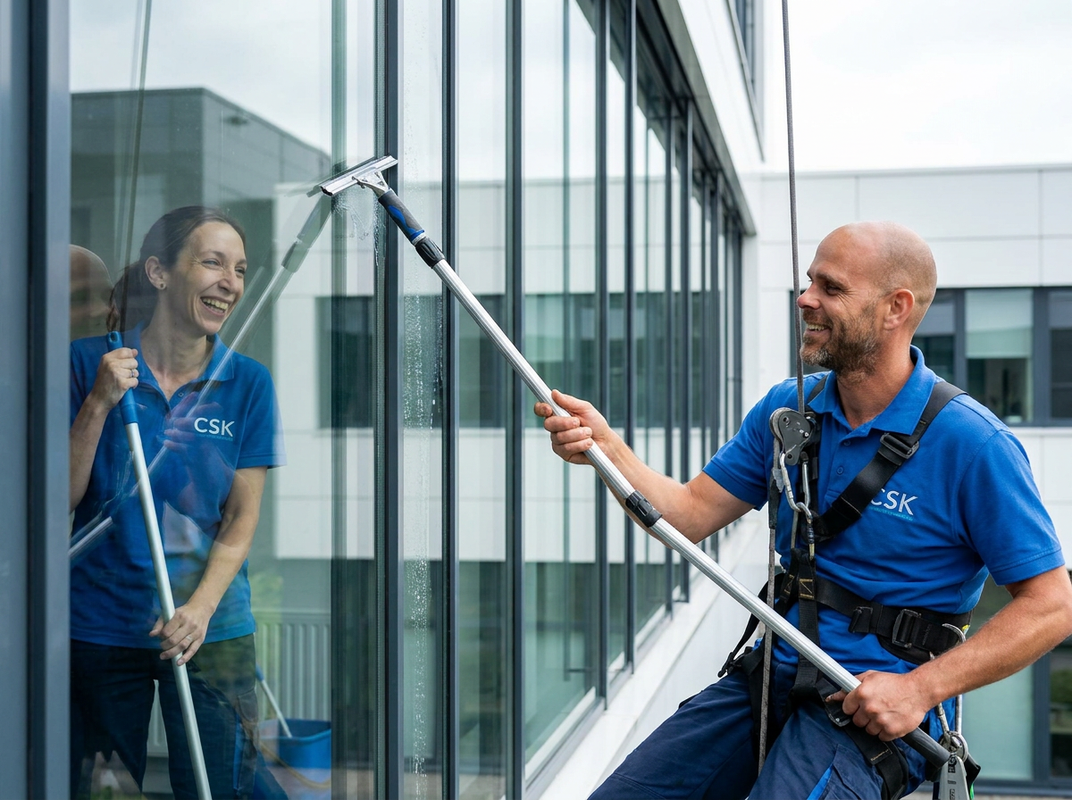 Kenneth en Stefanie van CSK aan het werk — ramenwassen en kantoorschoonmaak in Wetteren