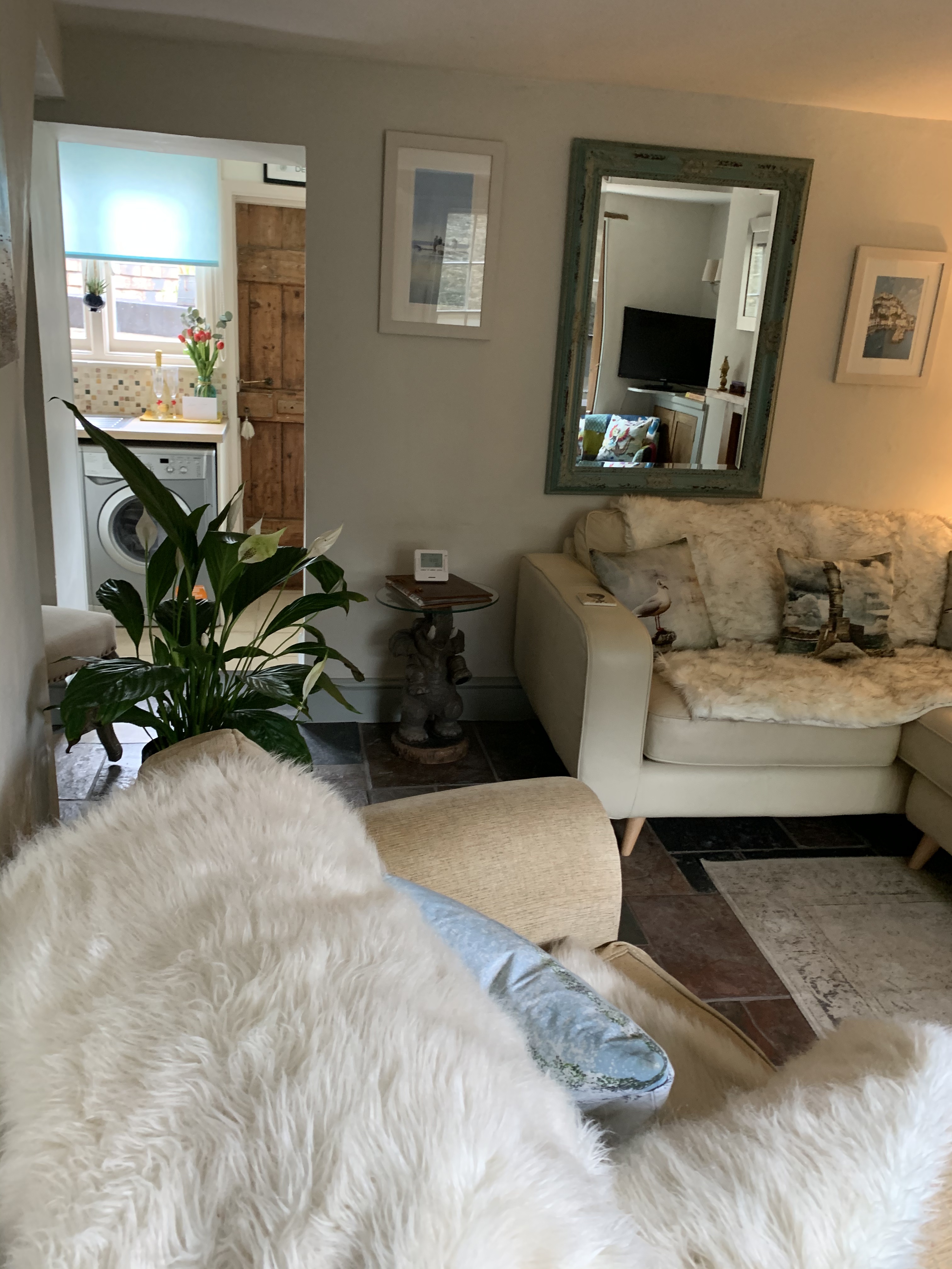 Living room with sheepskin throws and plants