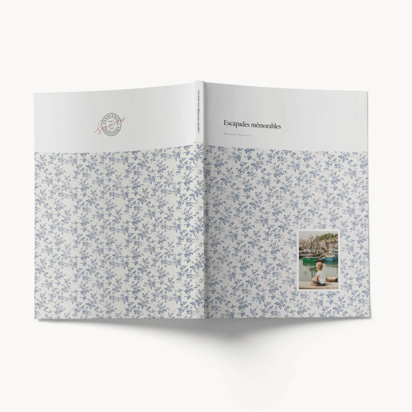 Blue Countryside Softcover — capa e contracapa abertas, padrão miúdo azul