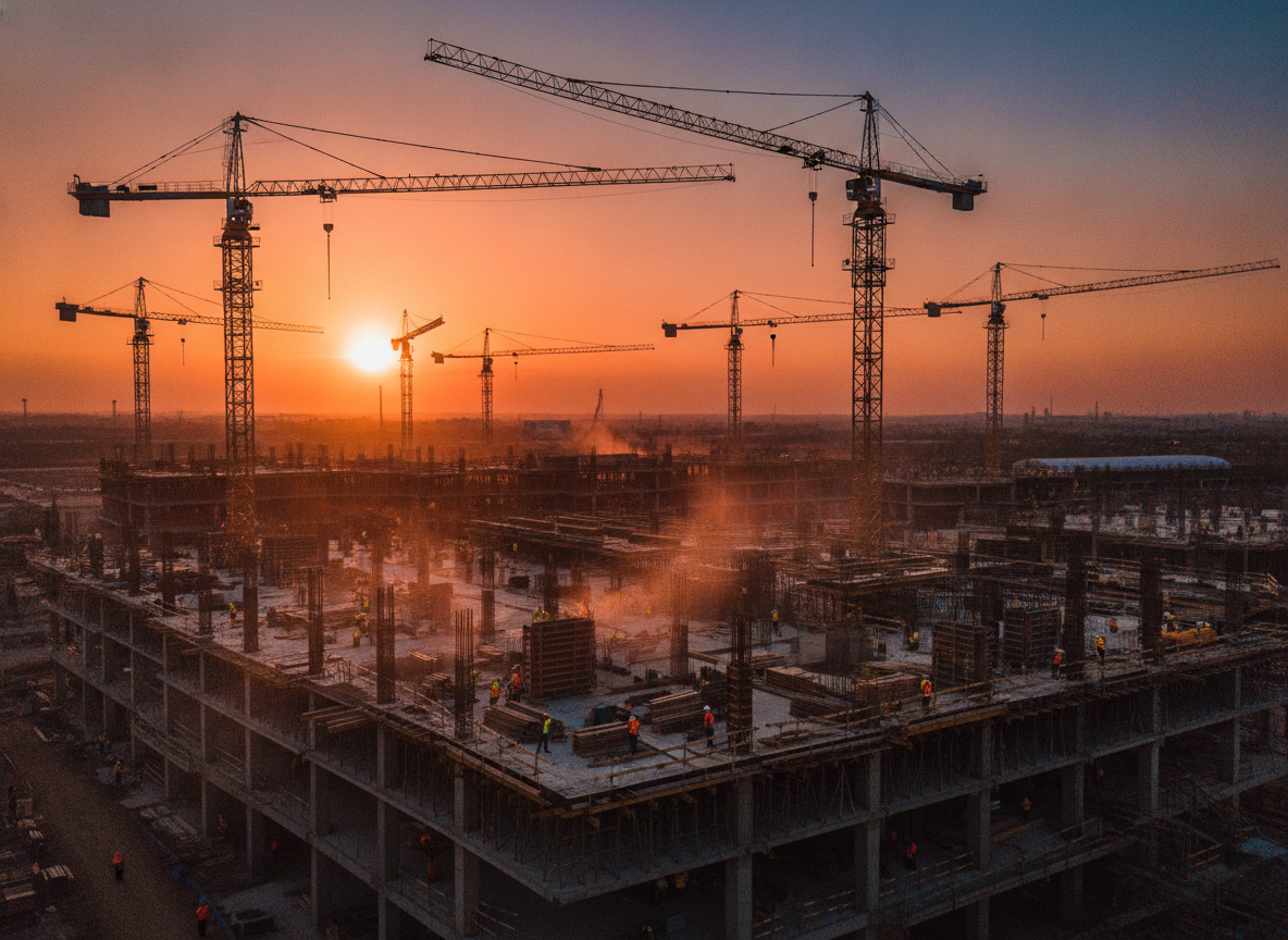 Großbaustelle mit Kränen bei Sonnenuntergang — Valurek Workforce Management