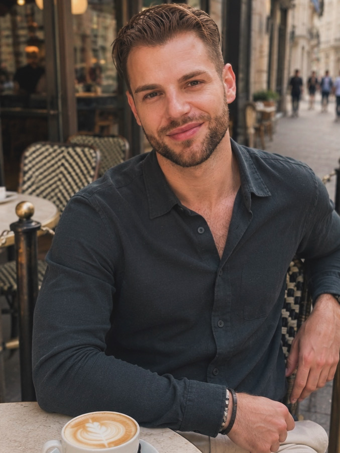 Eduard Moise at a café, a moment from the founder journey