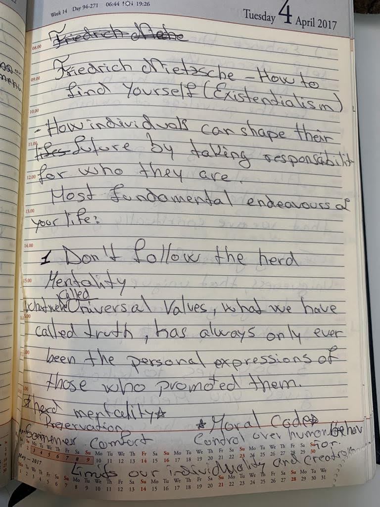 Eduard Moise handwritten diary page, Tuesday 4 April 2017, Nietzsche notes on existentialism and individuality