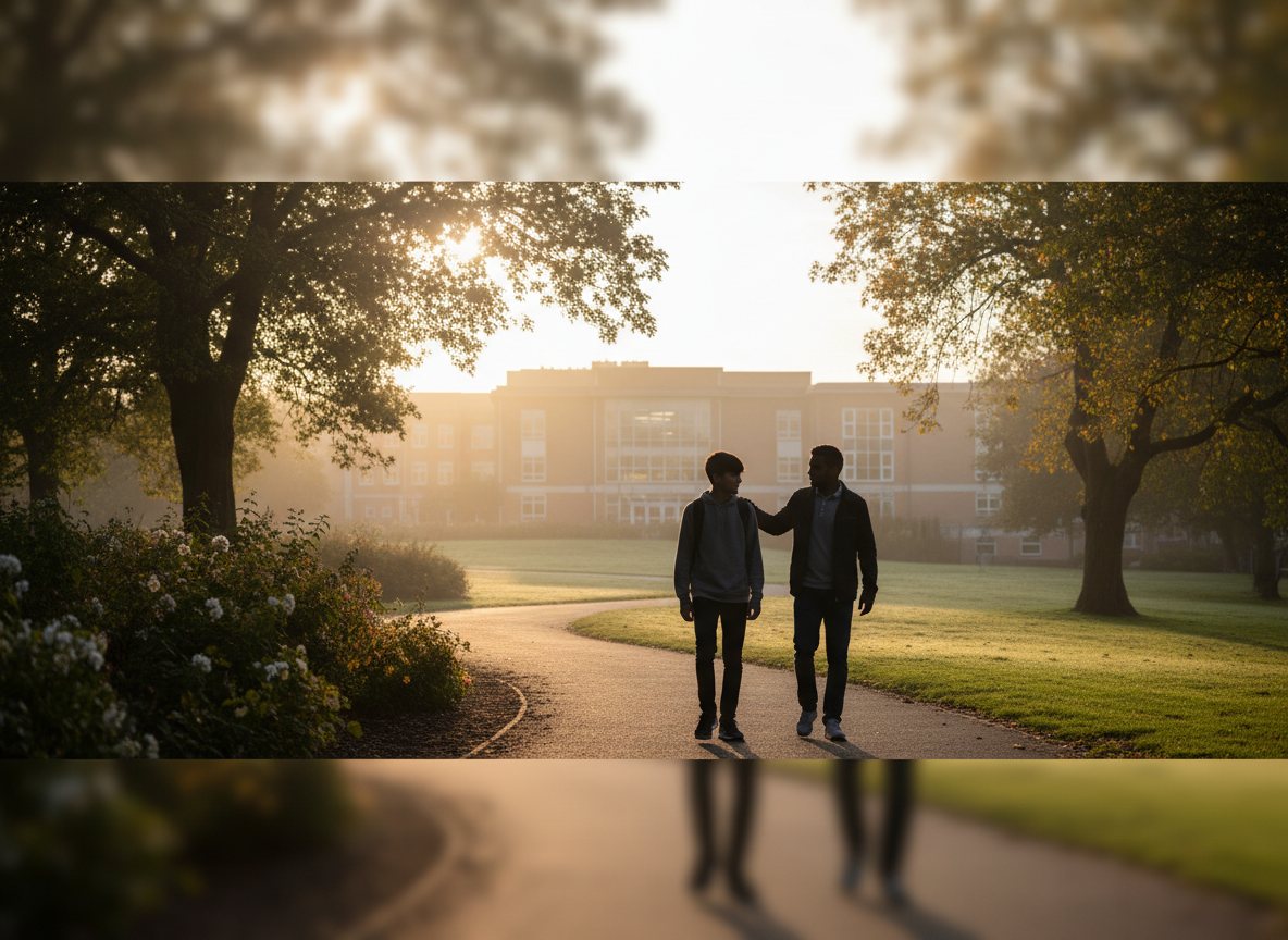A young person and a trusted adult walking together towards a school building at sunrise