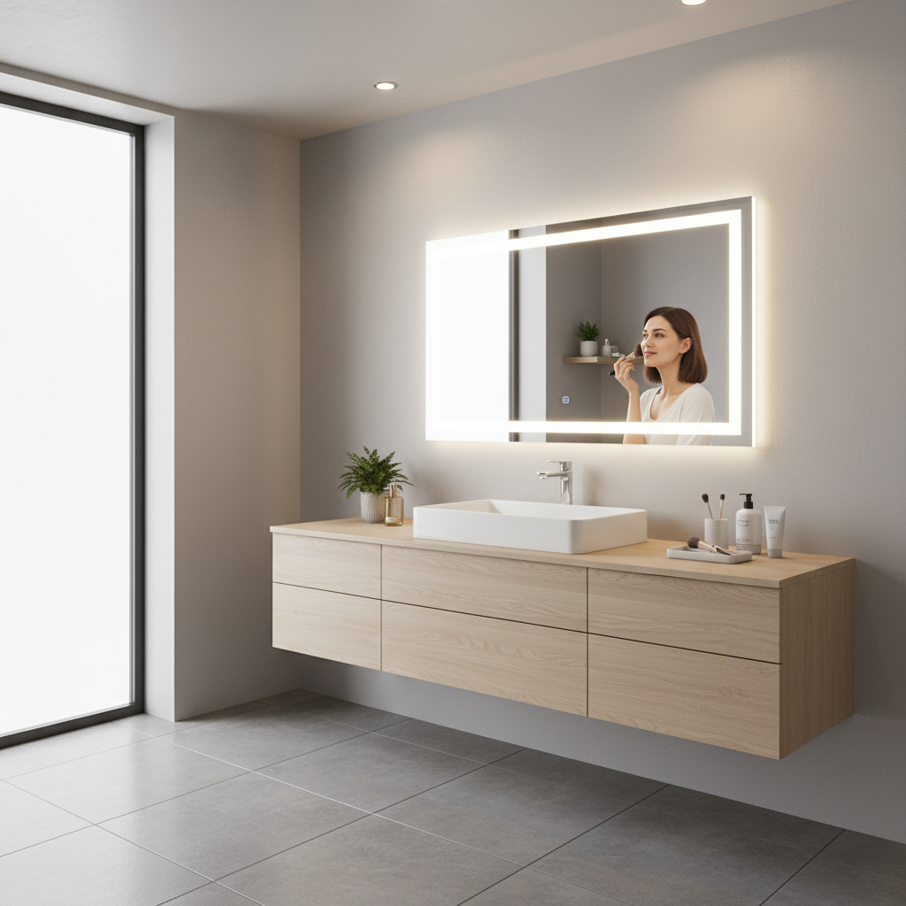 Modern bathroom vanity with LED mirror installation showing bright professional lighting