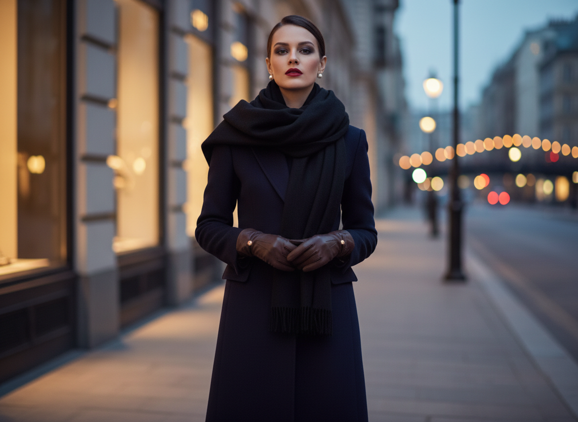 Outerwear - Navy Overcoat, Espresso Gloves, Black Scarf