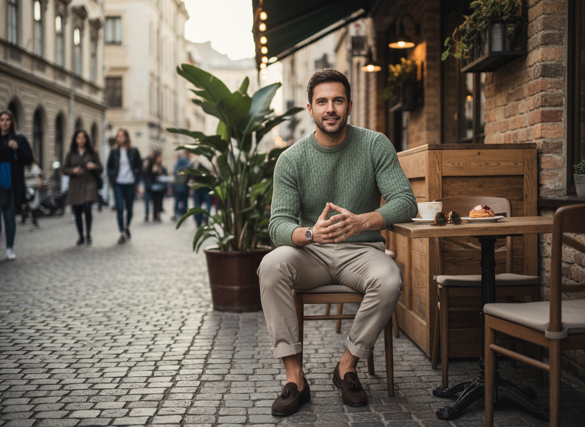 Smart-Casual - Sage Knit, Stone Chinos, Brown Loafers