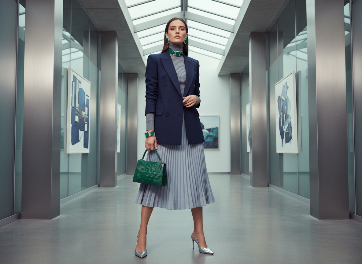 Formal - Navy Blazer, Icy Grey Skirt, Emerald Accessories