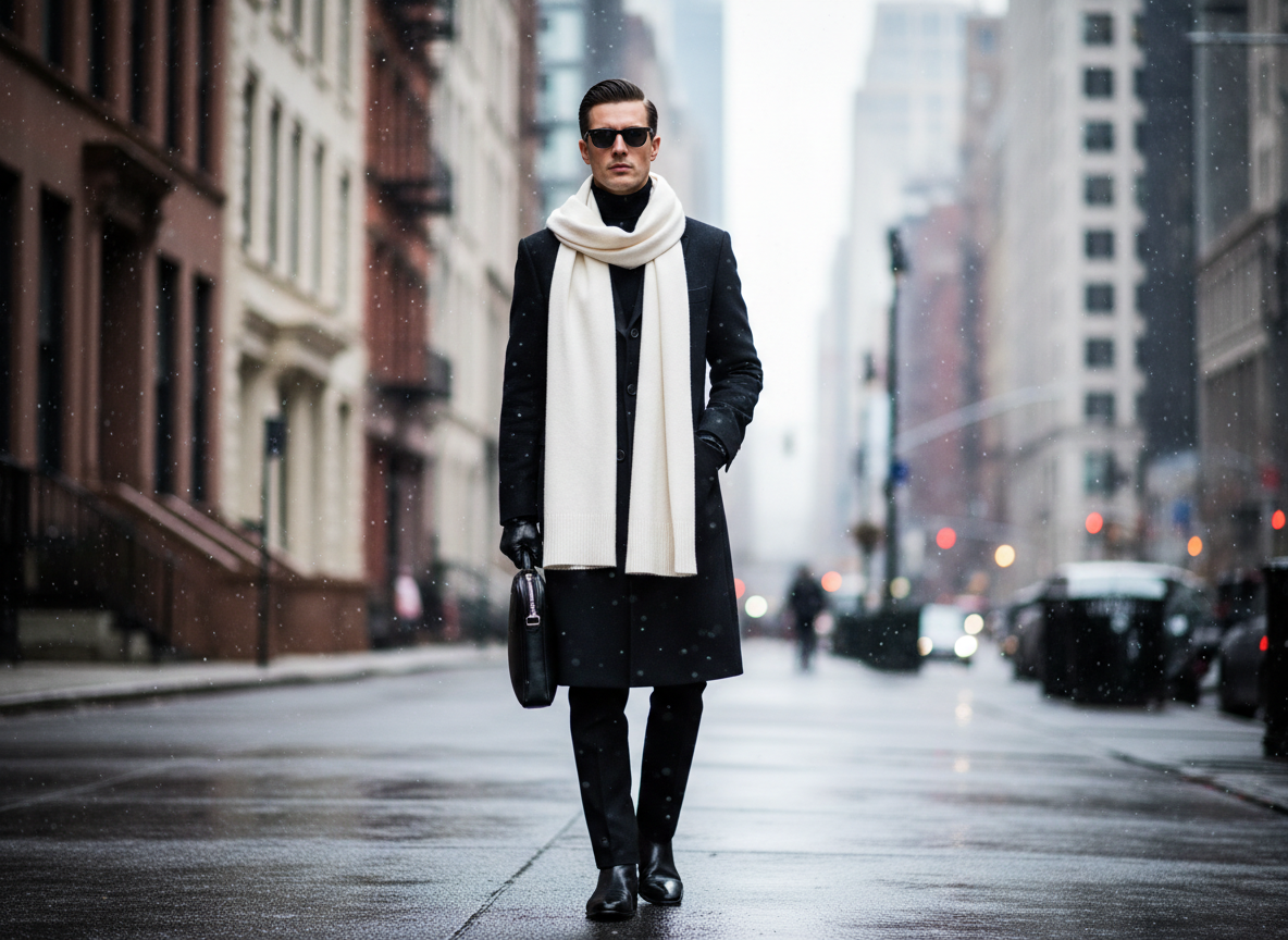 Outerwear - Black Overcoat, White Scarf, City Backdrop