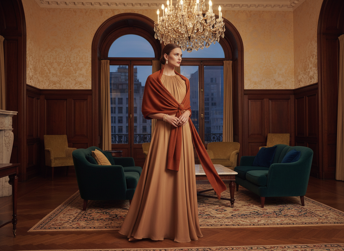 Formal - Camel Dress, Rust Scarf