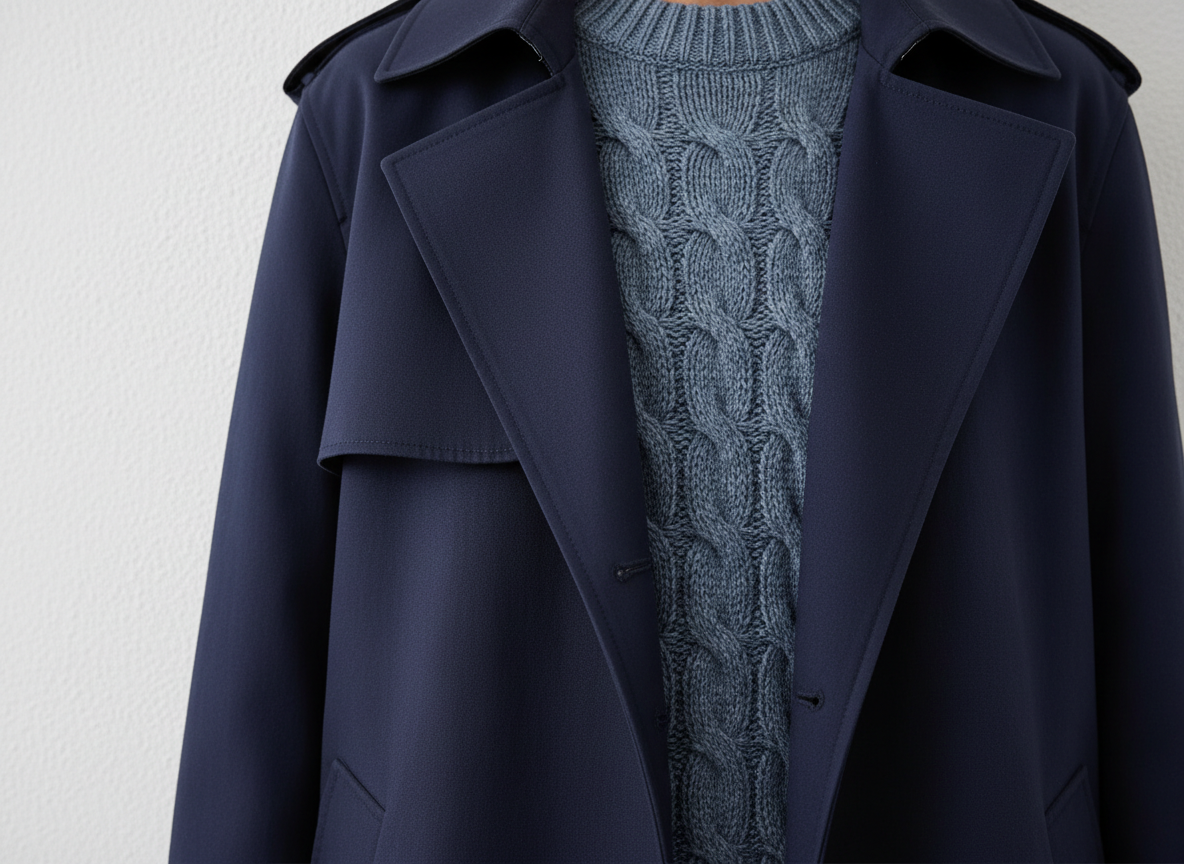 Outerwear - Soft Navy Trench, Dusty Blue Knit