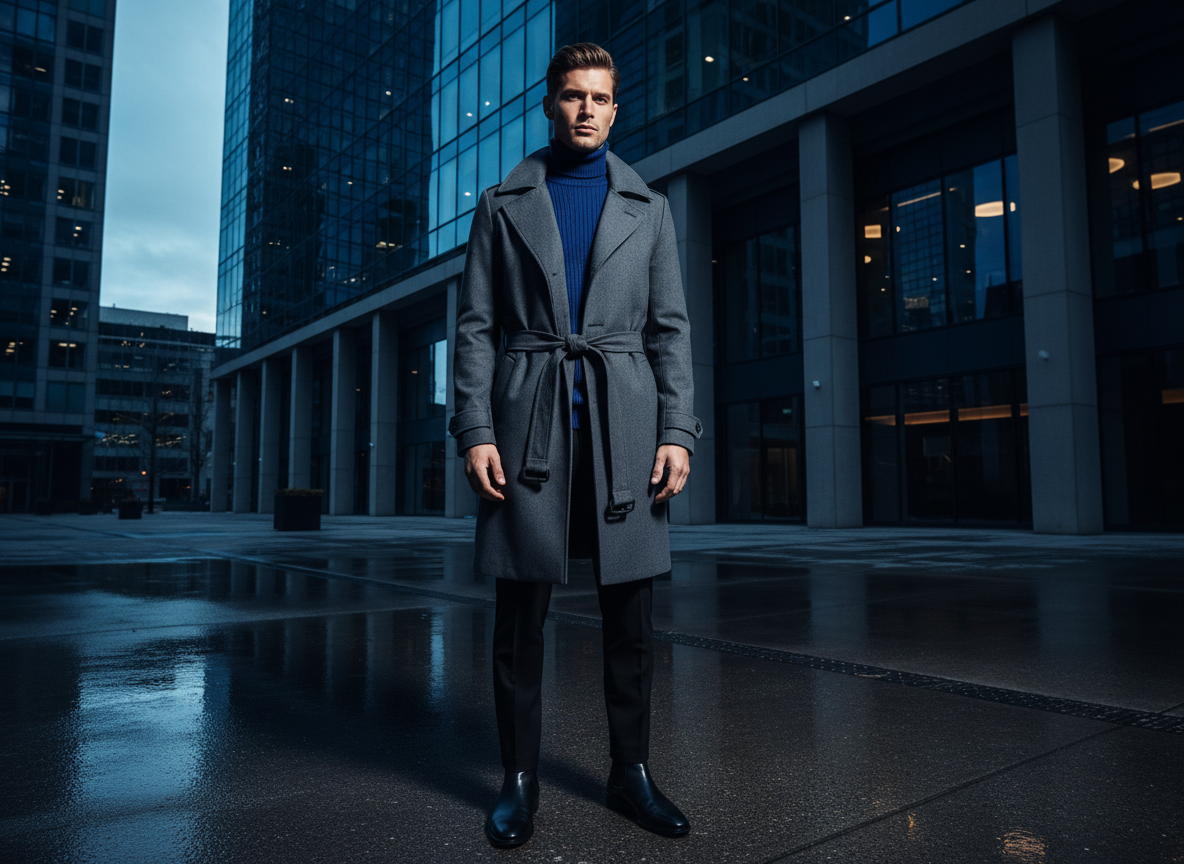 Outerwear - Charcoal Trench, Cobalt Knit, Black Boots