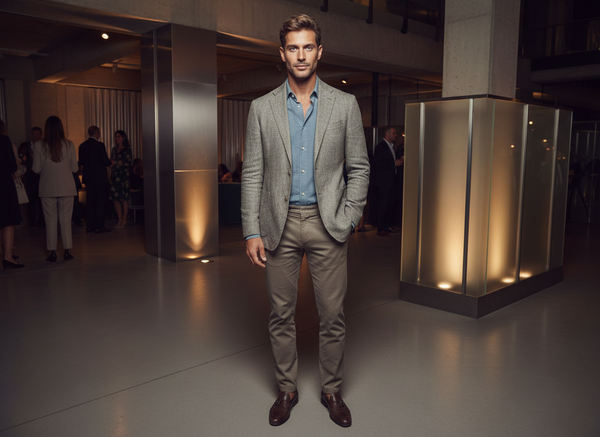 Formal - Stone Blazer, Taupe Trousers, Dusty Blue Shirt