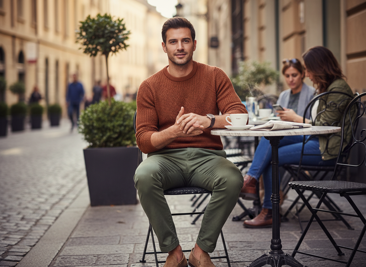 Smart-Casual - Rust Knit, Olive Chinos