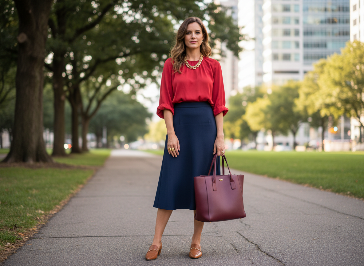 Smart-Casual - True Red Blouse, Navy Skirt