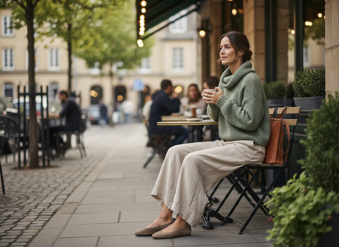 Smart-Casual - Sage Knit, Stone Trousers, Taupe Flats