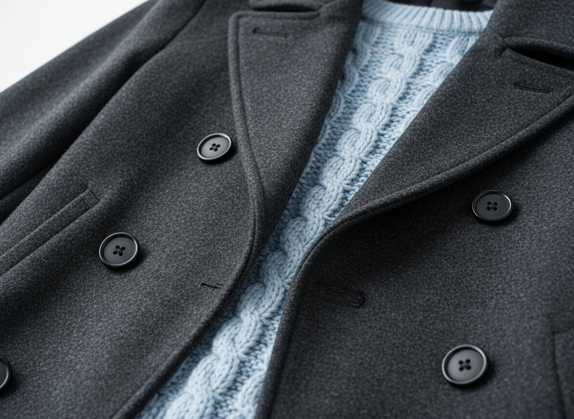 Outerwear - Charcoal Pea Coat, Icy Blue Knit