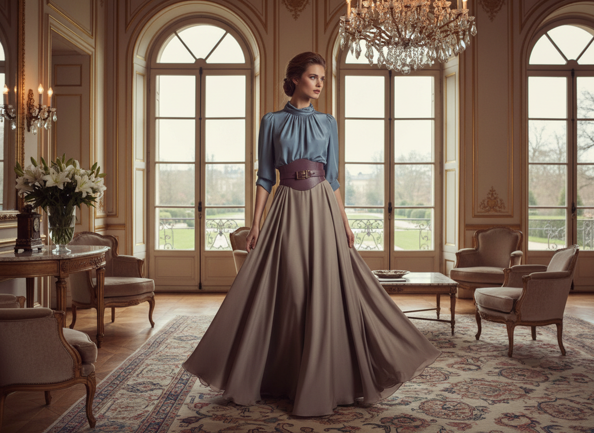 Formal - Taupe Dress, Dusty Blue Blouse, Muted Burgundy Belt