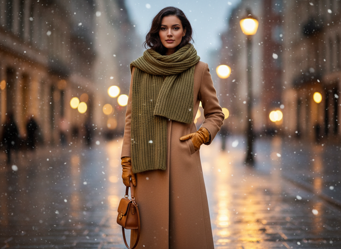 Outerwear - Camel Overcoat, Olive Scarf