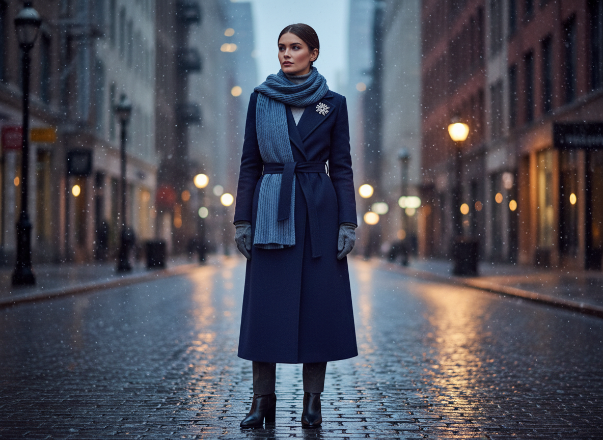 Outerwear - Navy Overcoat, Steel Blue Scarf