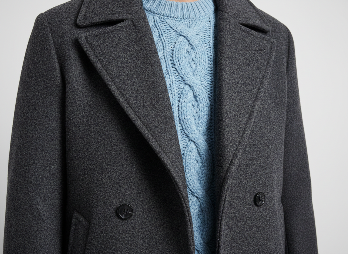 Outerwear - Charcoal Pea Coat, Icy Blue Knit