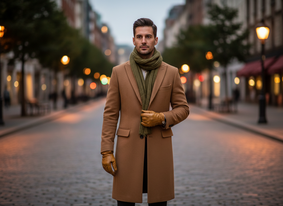 Outerwear - Camel Overcoat, Olive Scarf