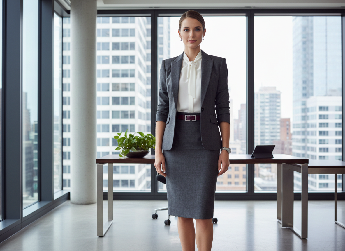 Formal - Charcoal Skirt Suit, White Blouse, Burgundy Belt