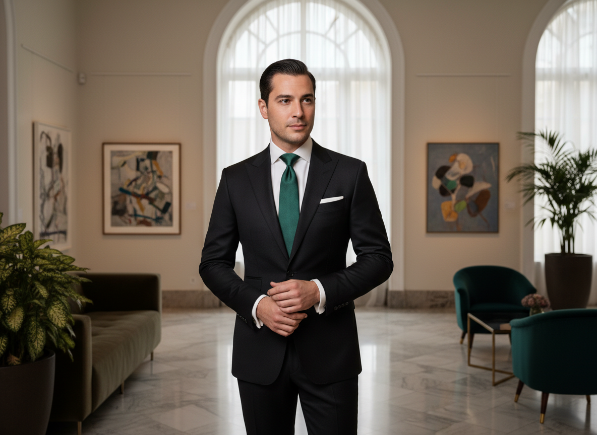 Formal - Black Suit, Emerald Tie, White Pocket Square