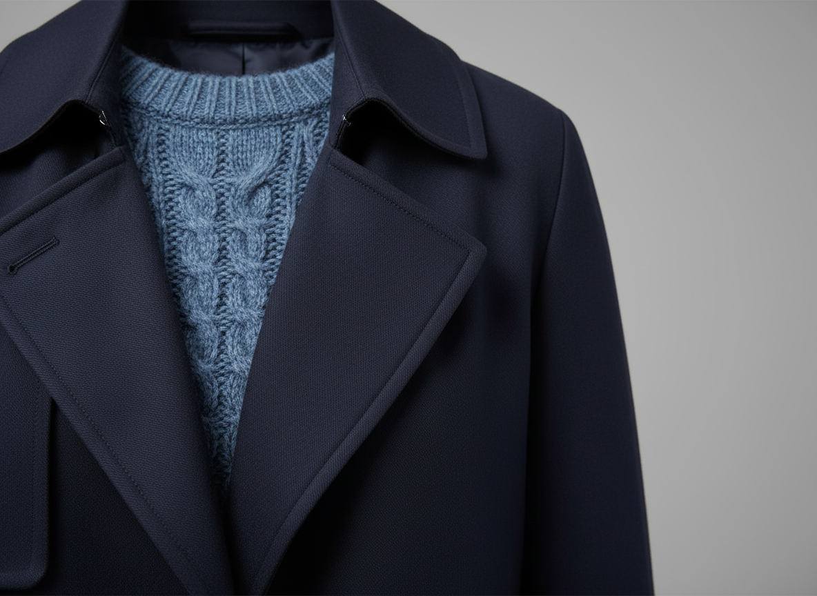 Outerwear - Soft Navy Trench, Dusty Blue Knit