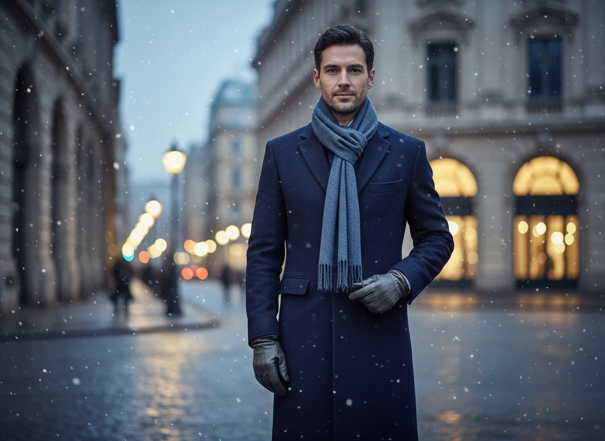 Outerwear - Navy Overcoat, Steel Blue Scarf