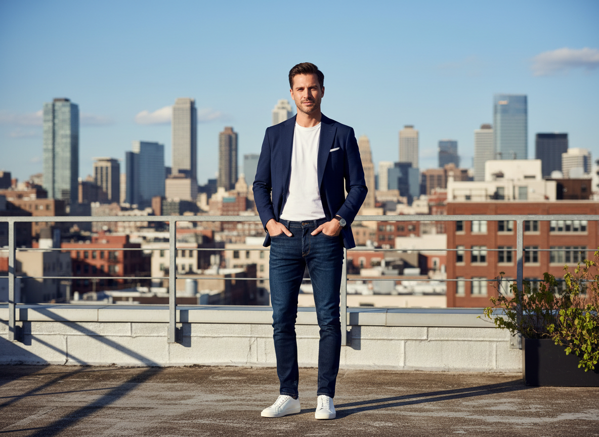 Smart-Casual - White Tee, Navy Blazer, Dark Denim