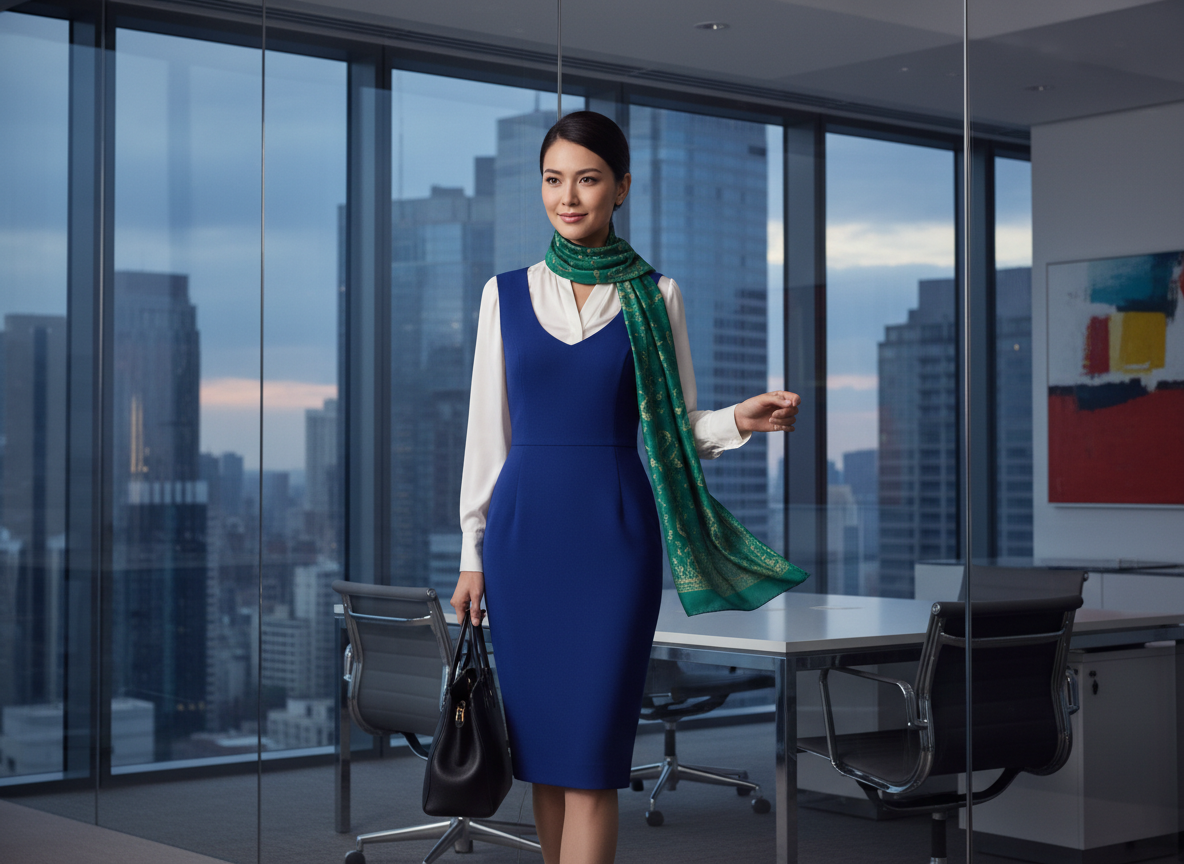 Formal - Cobalt Dress, White Blouse, Emerald Scarf
