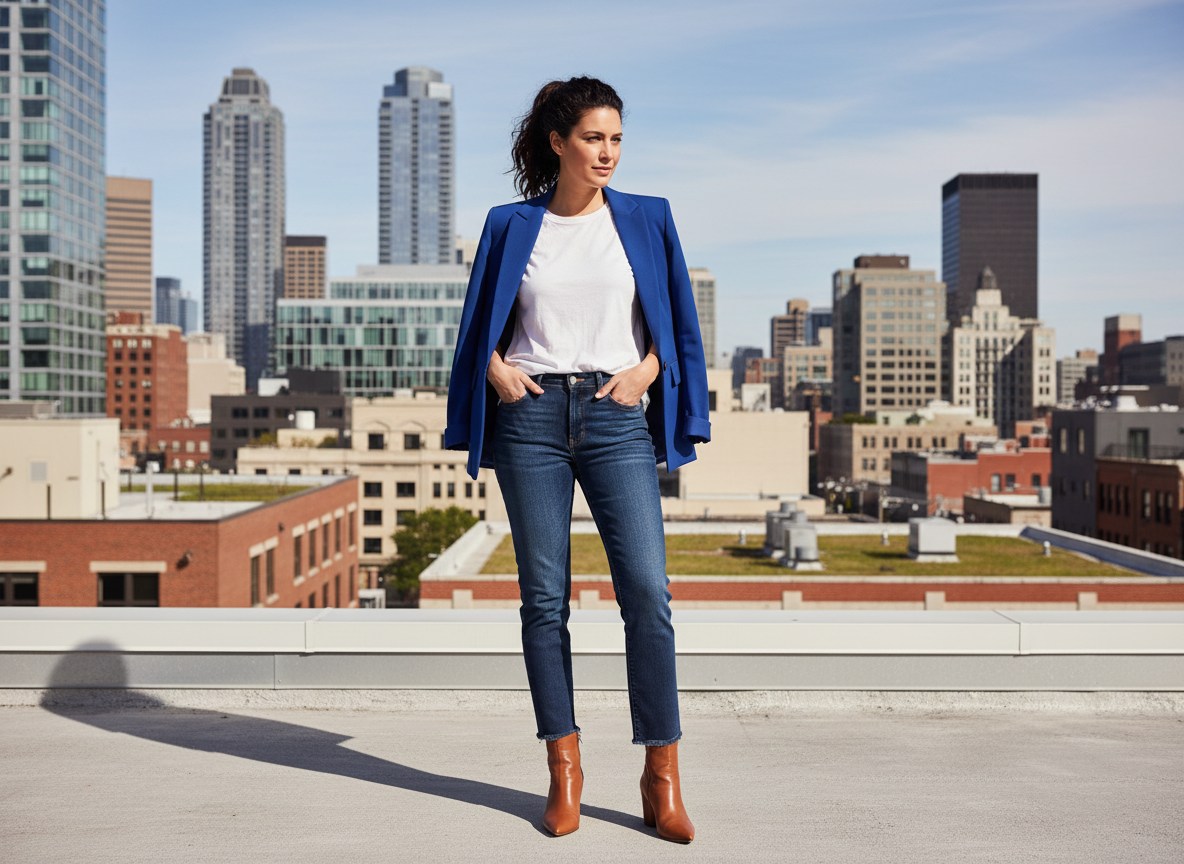 Smart-Casual - White Tee, Cobalt Blazer, Dark Jeans