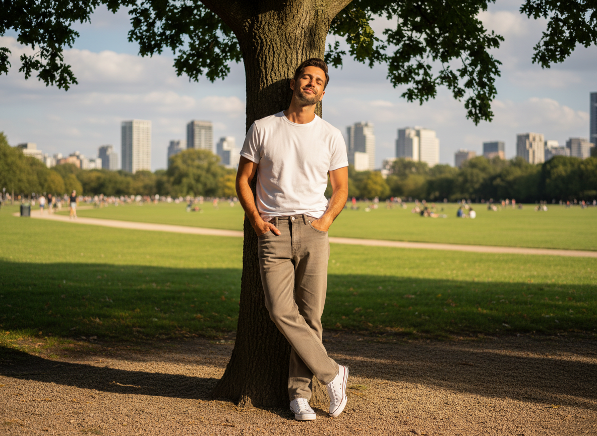 Smart-Casual - Soft White Tee, Taupe Jeans