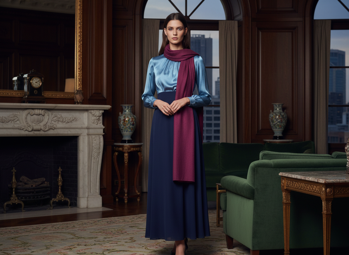 Formal - Cool Navy Dress, Icy Blue Blouse, Plum Scarf