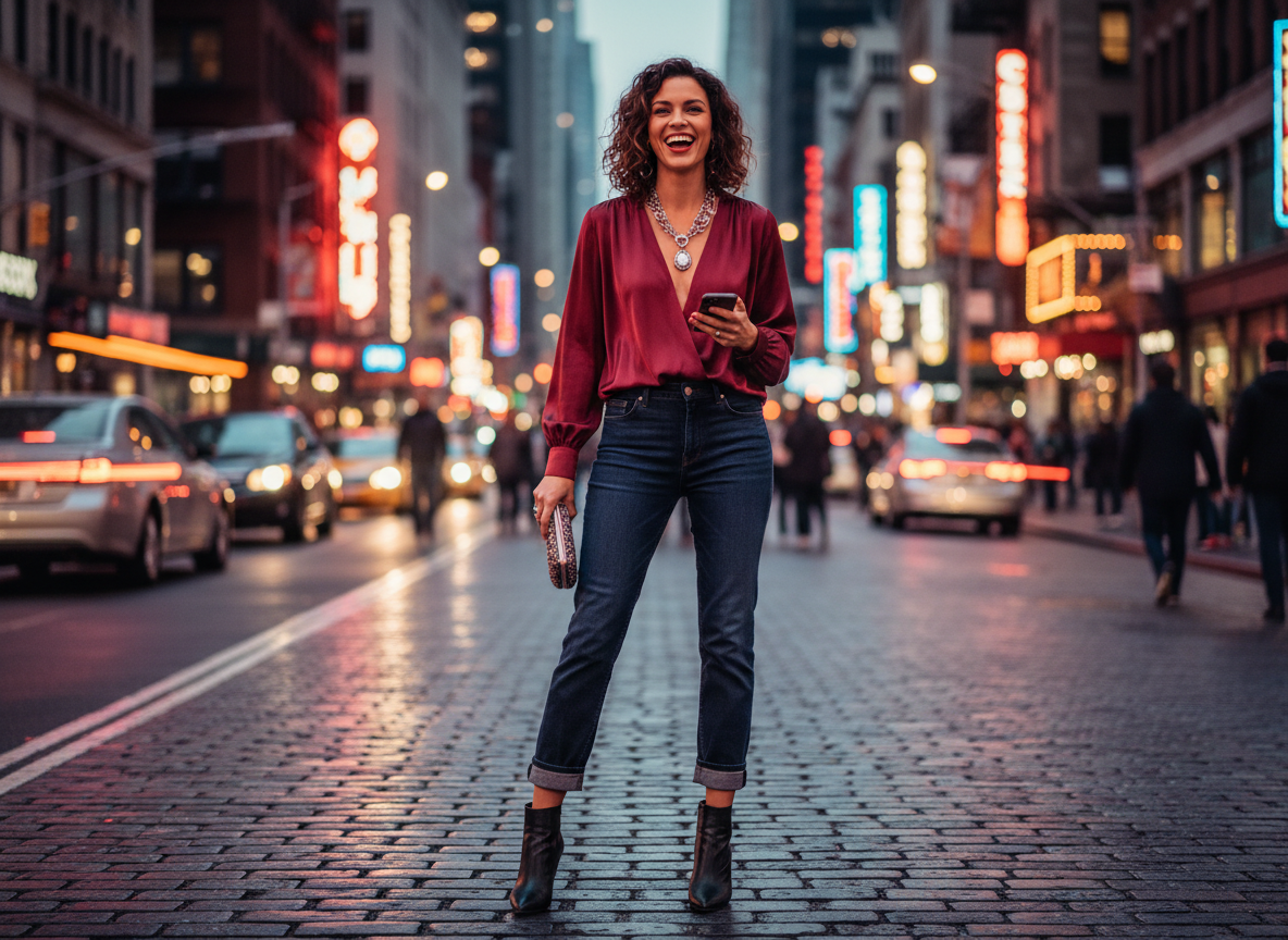 Smart-Casual - Burgundy Blouse, Dark Denim
