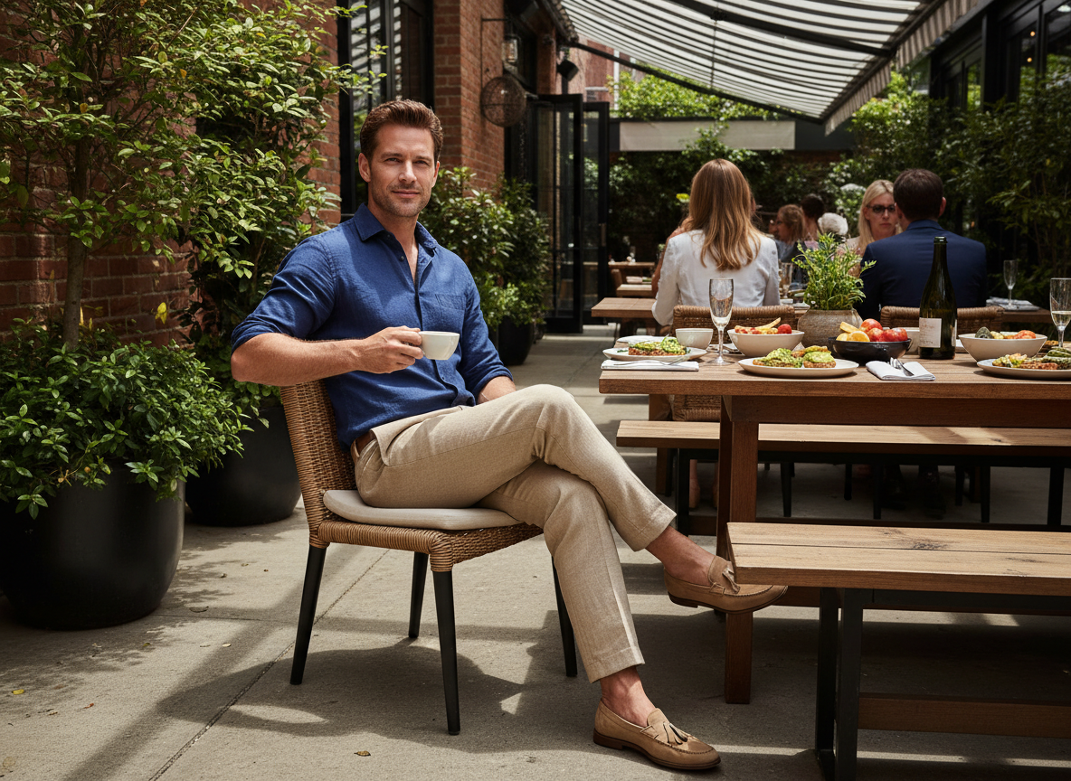 Smart-Casual - Warm Navy Shirt, Camel Trousers
